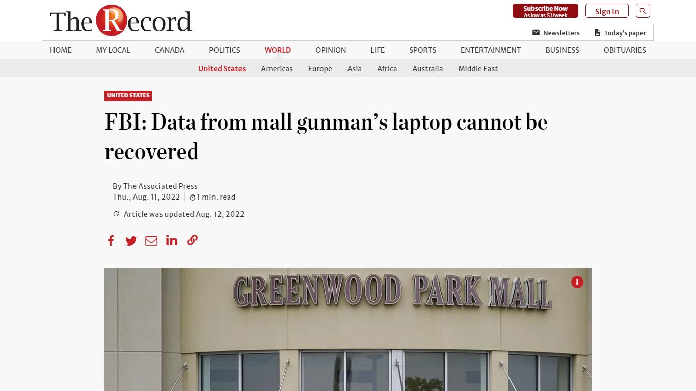 FBI: Data from mall gunman’s laptop cannot be recovered